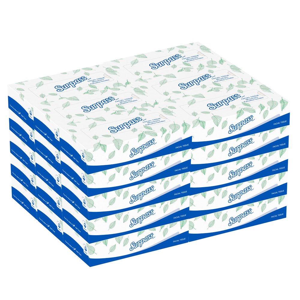 Surpass® Facial Tissue Flat Box (21340), 2-Ply, White, Unscented, 100 Tissues / Box, 30 Boxes / Big Case