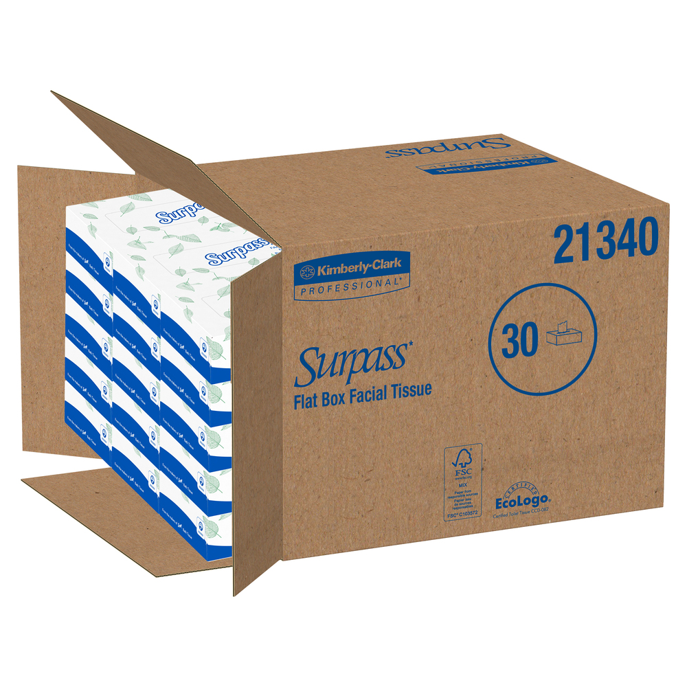 Surpass® Facial Tissue Flat Box (21340), 2-Ply, White, Unscented, 100 Tissues / Box, 30 Boxes / Big Case - 21340