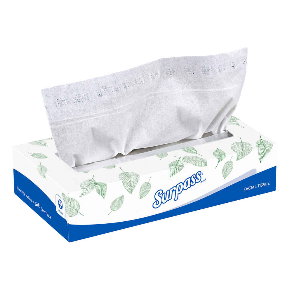 Surpass® Facial Tissue Flat Box (21340), 2-Ply, White, Unscented, 100 Tissues / Box, 30 Boxes / Big Case - 21340