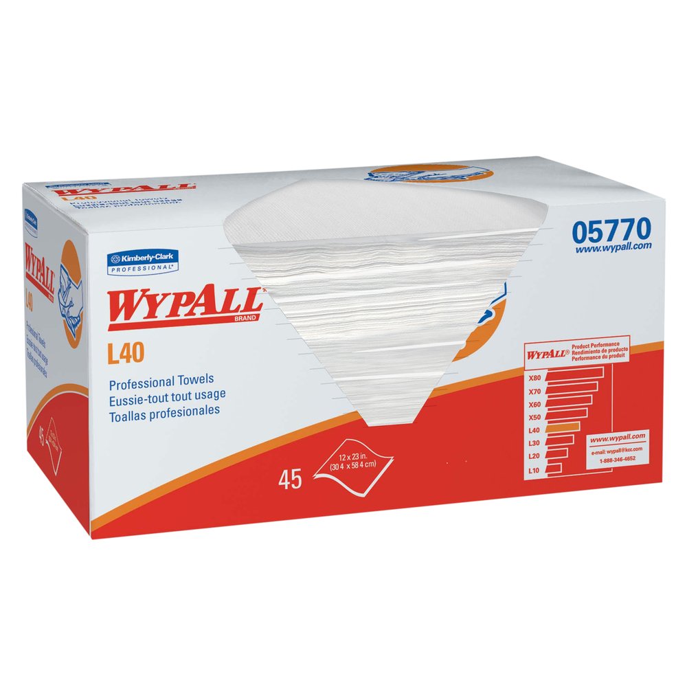 WypAll® L40 Disposable Cleaning and Drying Towels “DRY-UP” Towels (05770), Limited Use Towels, 12” x 23”, White, 540 / Case, 12 Packs of 45 Towels - 05770