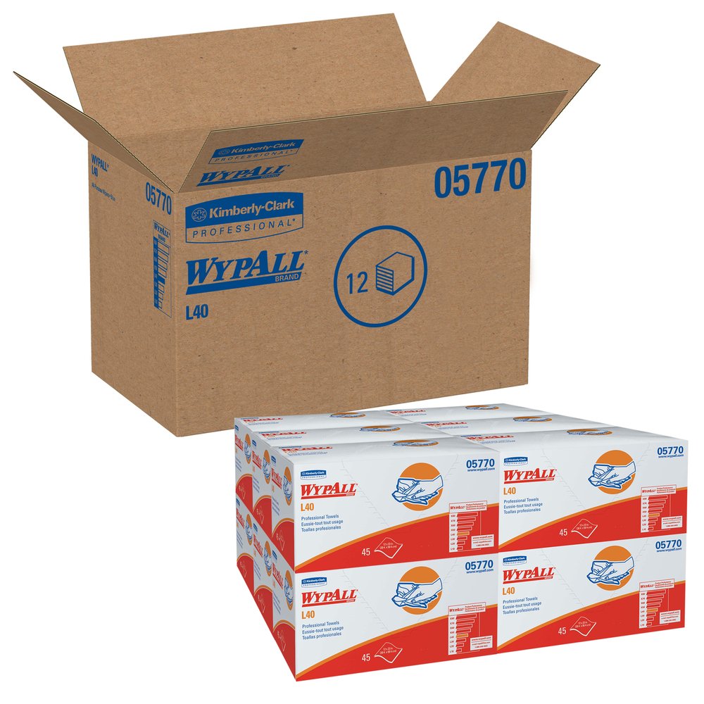WypAll® L40 Disposable Cleaning and Drying Towels “DRY-UP” Towels (05770), Limited Use Towels, 12” x 23”, White, 540 / Case, 12 Packs of 45 Towels - 05770