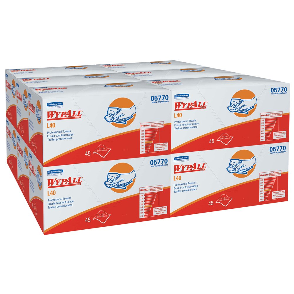 WypAll® L40 Disposable Cleaning and Drying Towels “DRY-UP” Towels (05770), Limited Use Towels, 12” x 23”, White, 540 / Case, 12 Packs of 45 Towels - 05770