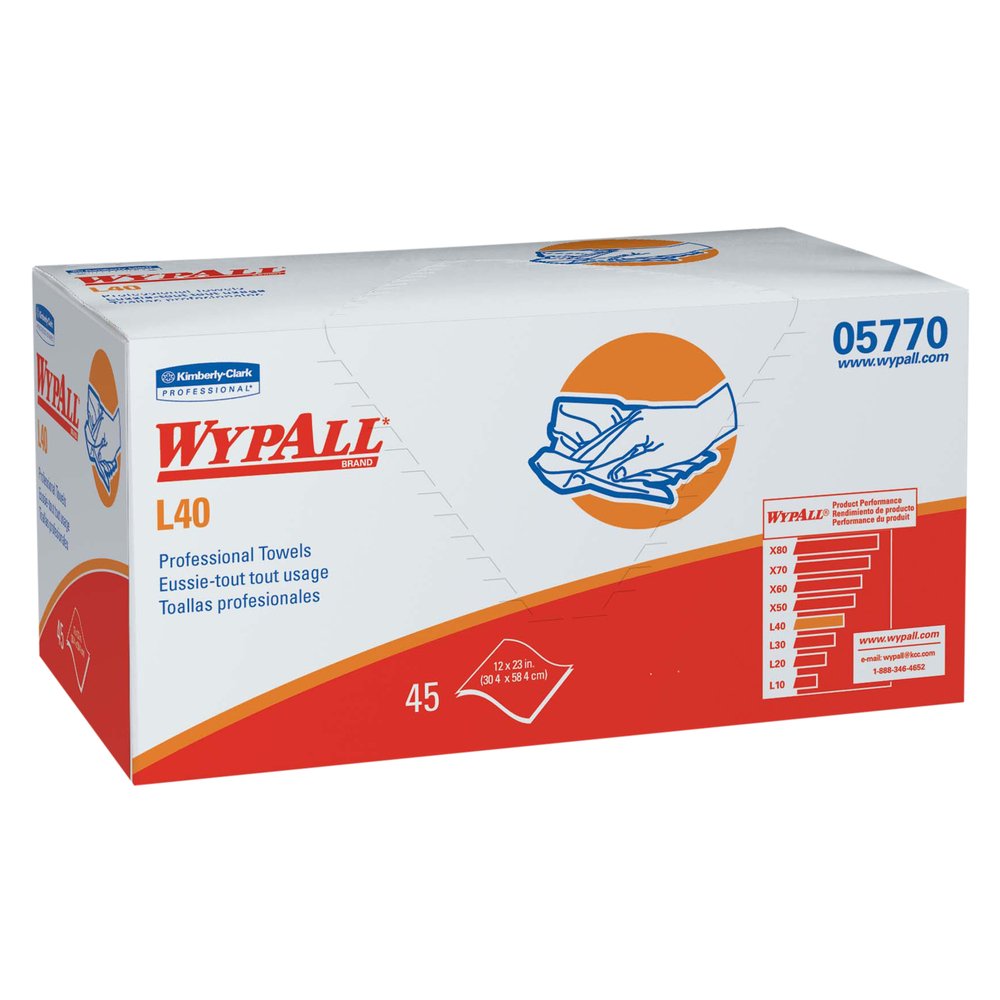 WypAll® L40 Disposable Cleaning and Drying Towels “DRY-UP” Towels (05770), Limited Use Towels, 12” x 23”, White, 540 / Case, 12 Packs of 45 Towels - 05770