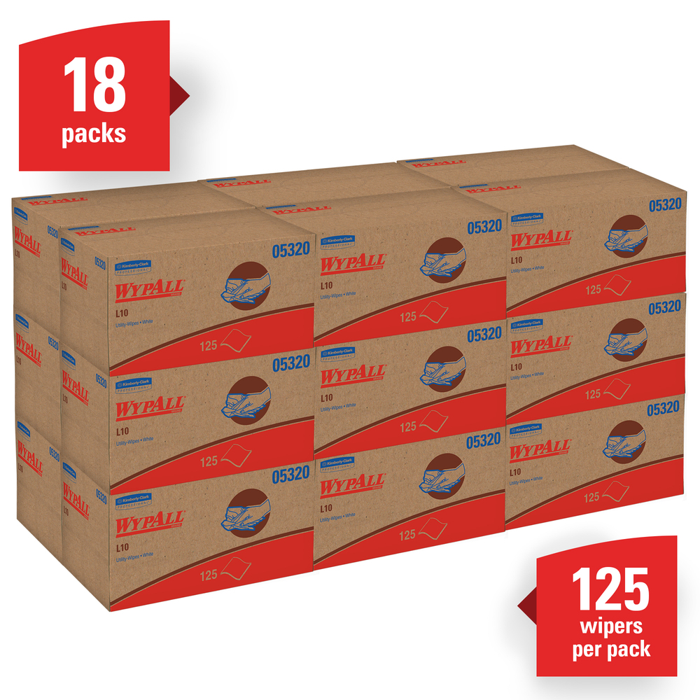 WypAll® L10 Disposable Towels (05320), Limited Use, 1-PLY, Pop-Up Box, White, 18 Boxes / Case, 125 Wipes / Box - 05320