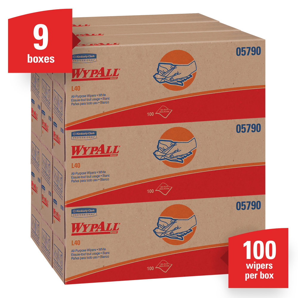 WypAll® L40 Disposable Cleaning and Drying Towels (05790), Limited Use Towels, White, 9 Pop Up Boxes per Case, 100 Sheets per Box, 900 Sheets Total - 05790