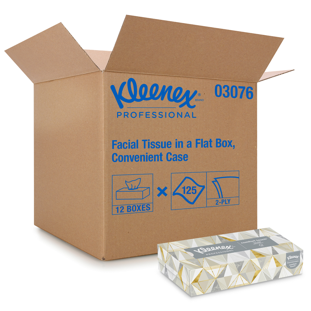 Kleenex® Professional Facial Tissue for Business (03076), Flat Tissue Boxes, 12 Boxes / Convenience Case, 125 Tissues / Box