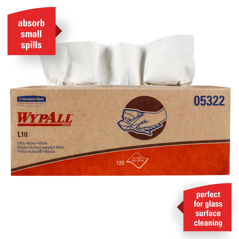WypAll® L10 Disposable Towels (05322), Limited Use, 1-PLY, Pop-Up Box, White, 18 Boxes / Case, 125 Large Wipes / Box - 05322