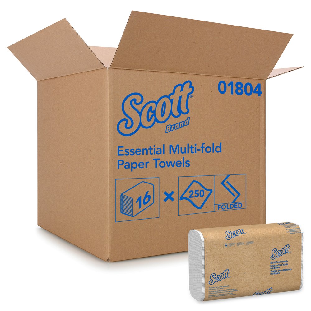Scott® Essential Multifold Paper Towels (01804) with Fast-Drying Absorbency Pockets, White, 16 Packs / Case, 250 Multifold Towels / Pack