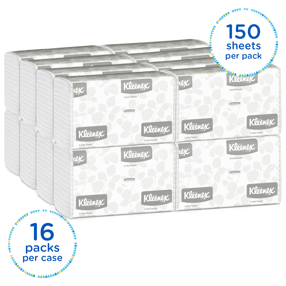 Kleenex® C-Fold Paper Towels (01500), Absorbent, White, 16 Packs / Case, 150 C-Fold Towels / Pack, 2,400 Towels / Case - 01500