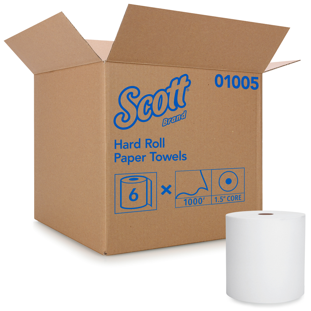 Scott® Essential High Capacity Hard Roll Paper Towels (01005), White, 1000' / Roll, 6 Paper Towel Rolls / Convenience Case