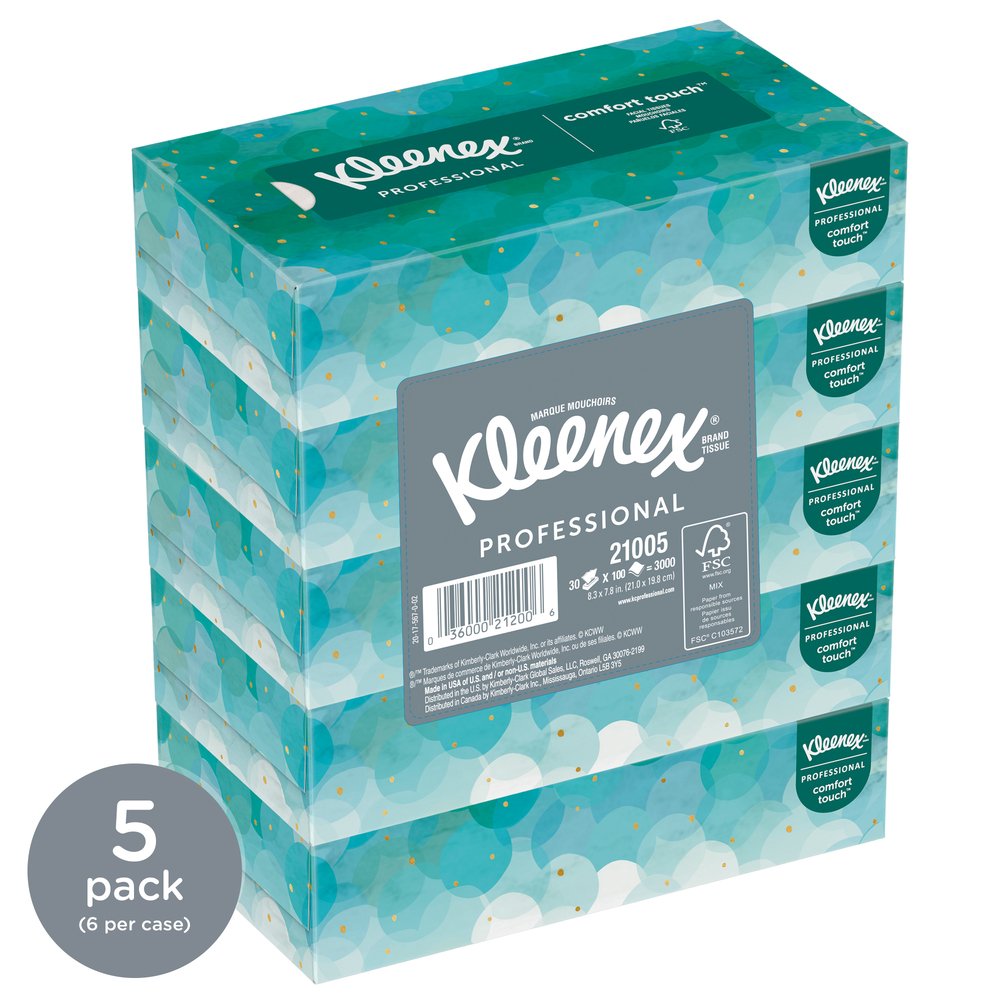 Kleenex® Facial Tissue (21005), Flat Tissue Boxes, 6 Bundles / Case, 5 Boxes / Bundle, 100 Tissues / Box - 21005