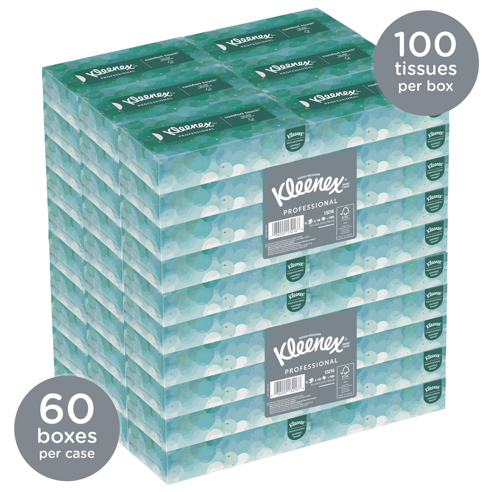 Kleenex® Professional Facial Tissue for Business (13216), Flat Tissue Boxes, 60 Boxes / Case, 100 Tissues / Box - 13216