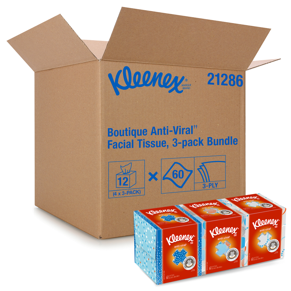 Kleenex® Professional Anti-Viral Facial Tissue Cube for Business (21286), White, 3 Boxes / Bundle, 4 Bundles / Case, 12 Boxes / Case - 21286