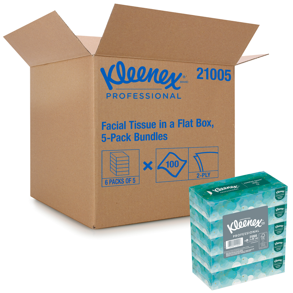Kleenex® Facial Tissue (21005), Flat Tissue Boxes, 6 Bundles / Case, 5 Boxes / Bundle, 100 Tissues / Box