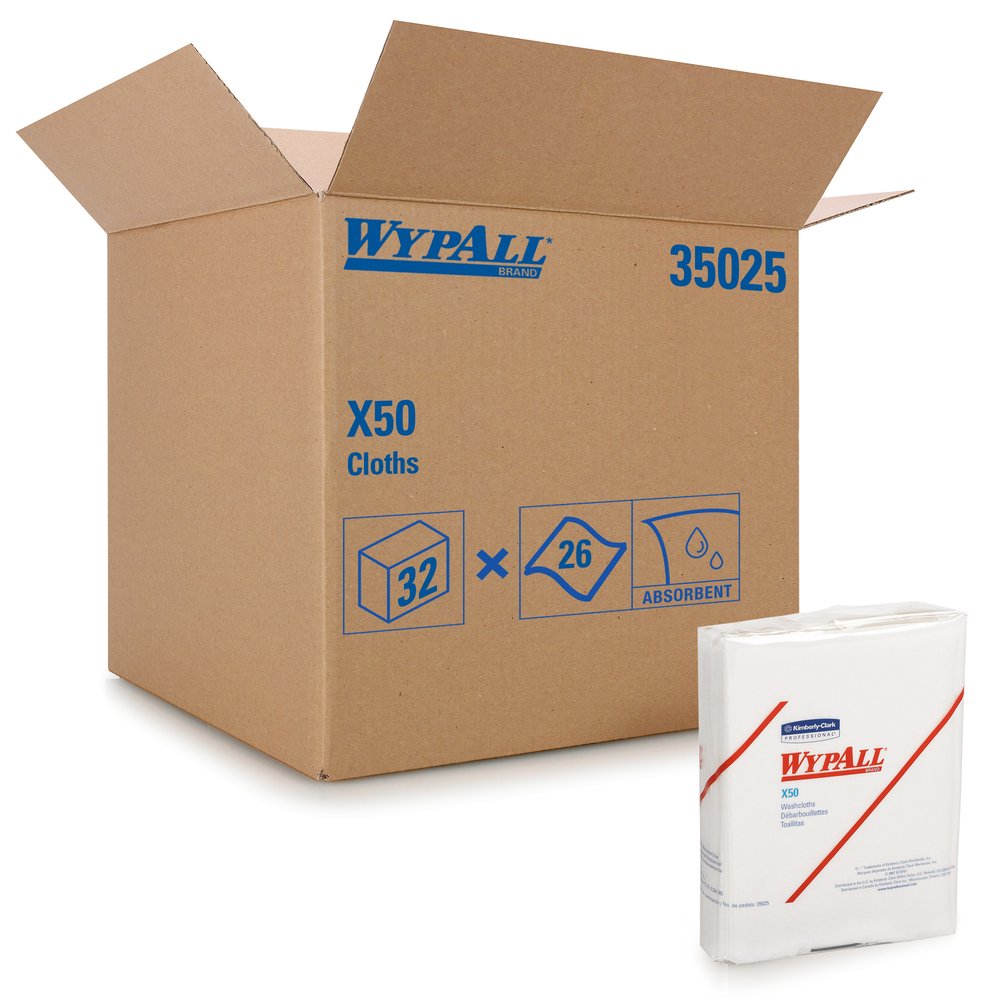 WypAll® X50 Disposable Cloths (35025), Strong for Extended Use, Quarterfold, White, 32 Packs / Case, 26 Sheets / Pack, 832 Sheets / Case - 35025