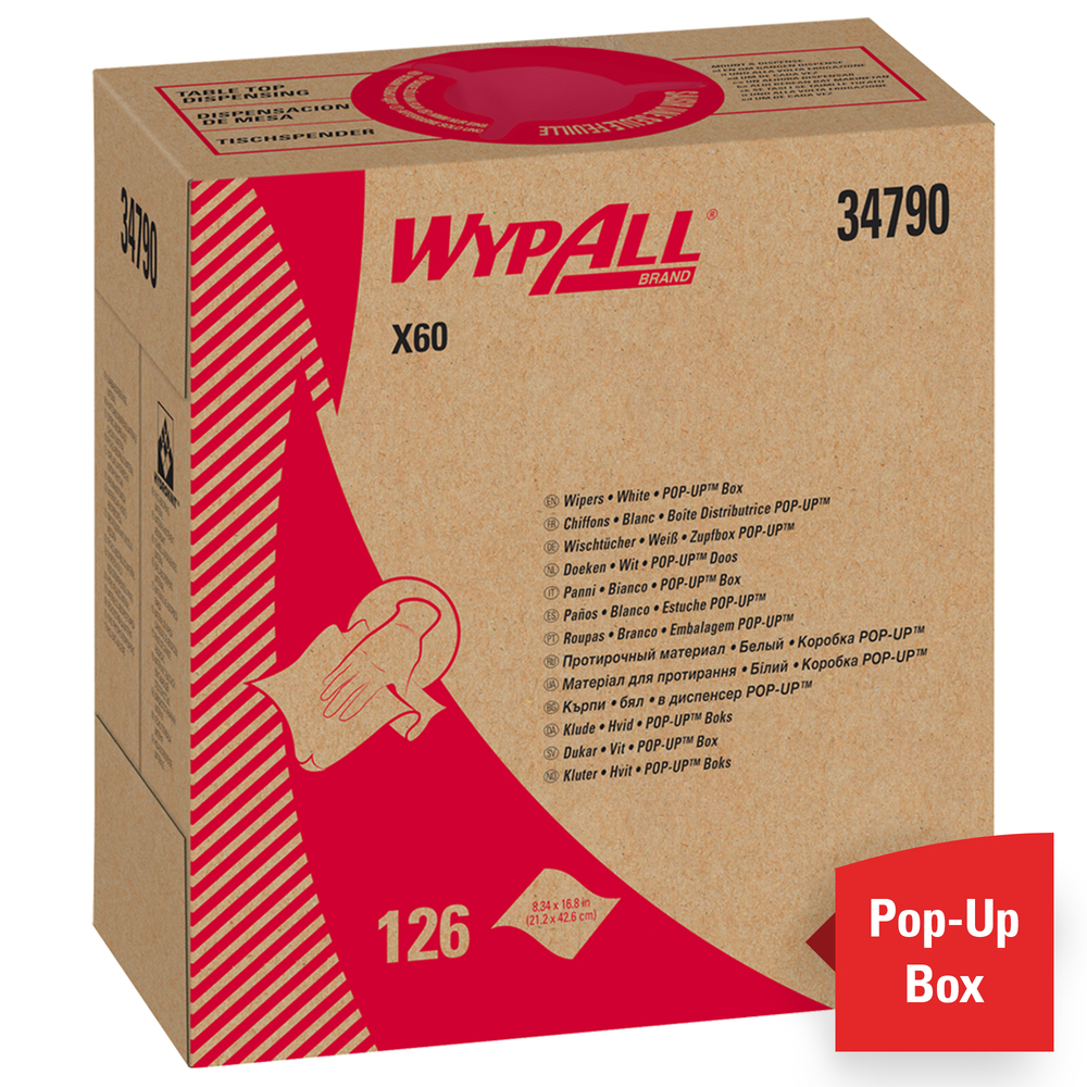 WypAll® X60 Reusable Cloths (34790), Pop-Up Box, White, 10 Boxes / Case, 126 Sheets / Box, 1,260 Sheets / Case - 34790