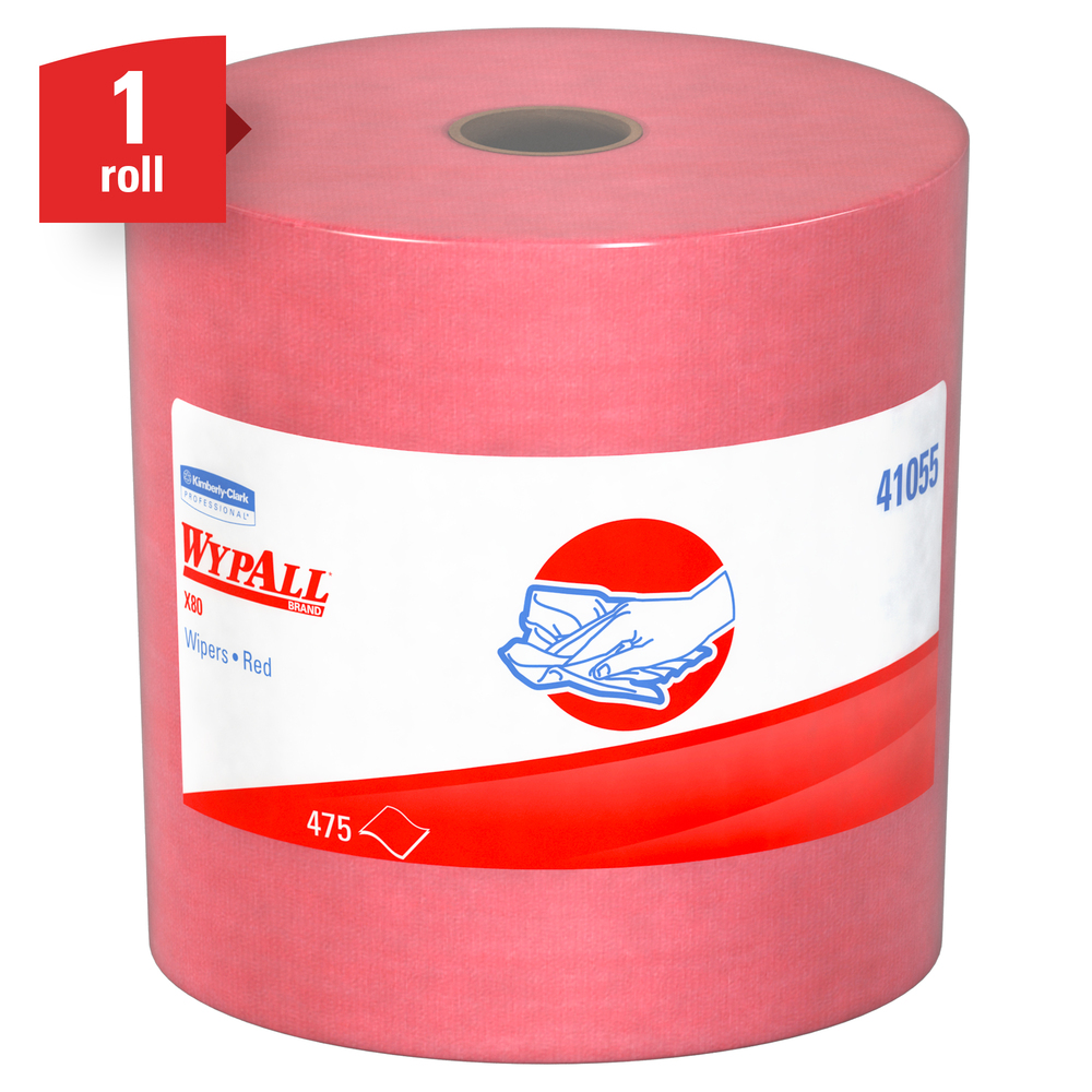 WypAll® X80 Reusable Wipes (41055), Extended Use Cloths Jumbo Roll, Red, 475 Sheets / Roll; 1 Roll / Case - 41055