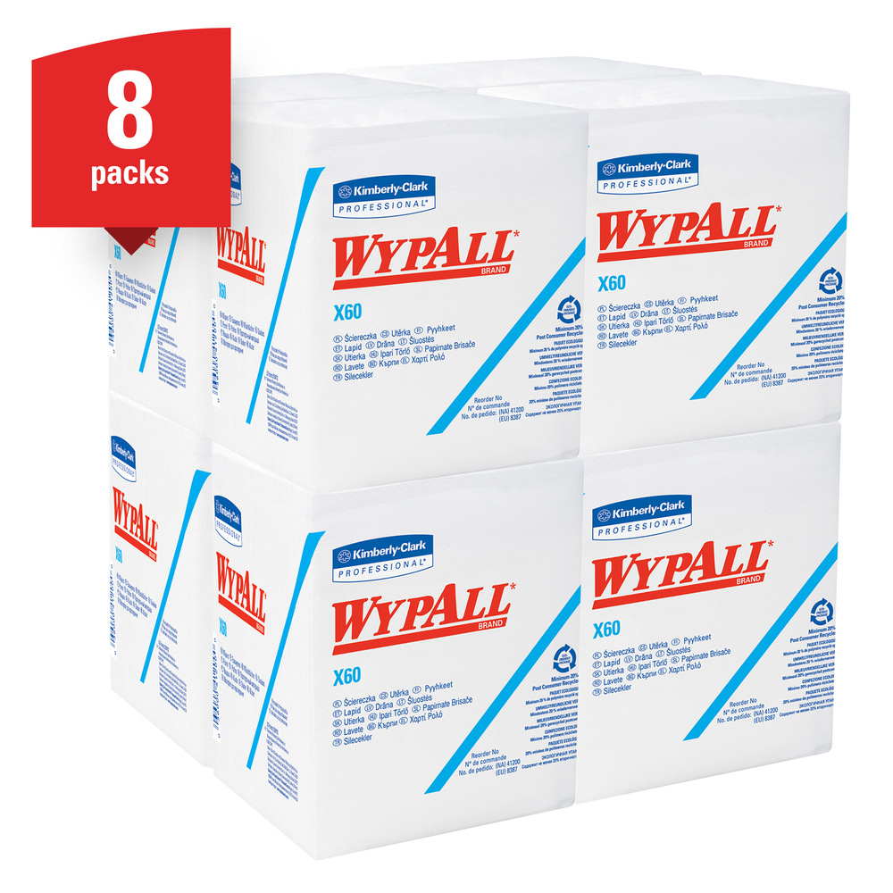 WypAll® X60 Washcloths (41083) with Hydroknit, 12.5 x 10, White, Quarterfold, 8 Packs / Case, 70 Sheets / Pack - 41083