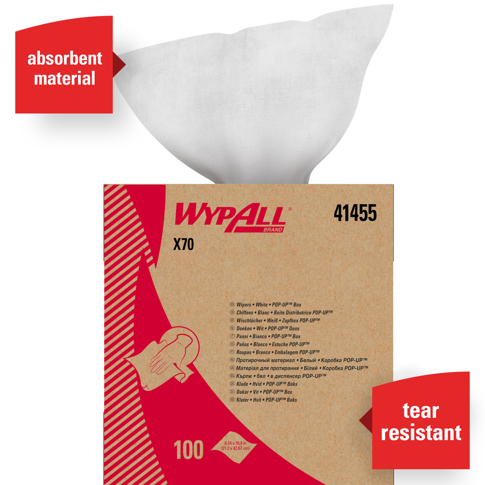WypAll® X70 Extended Use Reusable Cloths (41455), Pop-Up Box,White, 10 Boxes / Case, 100 Sheets / Box, 1,000 Sheets / Case - 41455