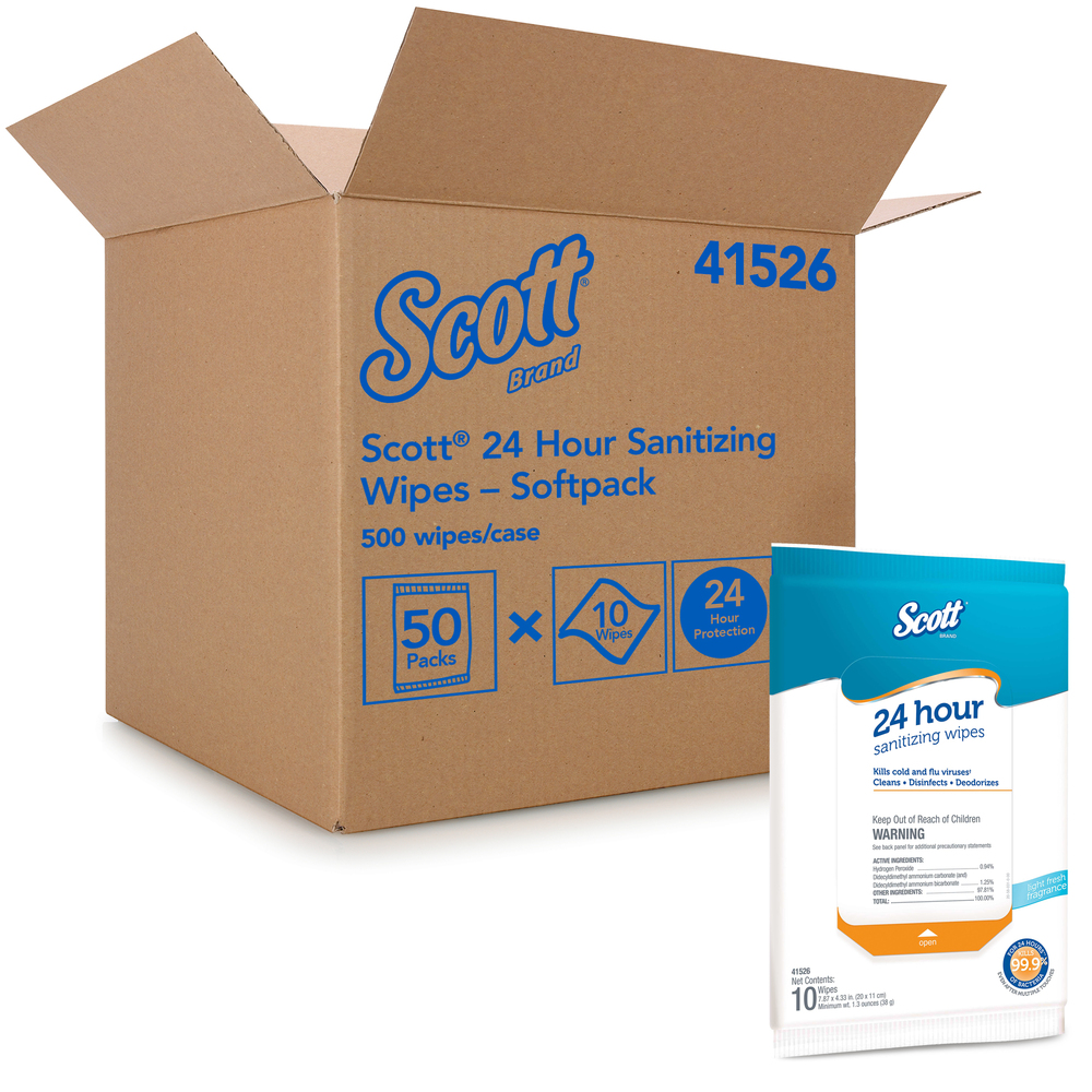 Scott® 24 Hour Sanitizing Wipes (41526), Softpack, White, 10 Wipes/Softpack, 50 Softpacks/Case, 500 Wipes/Case - 41526