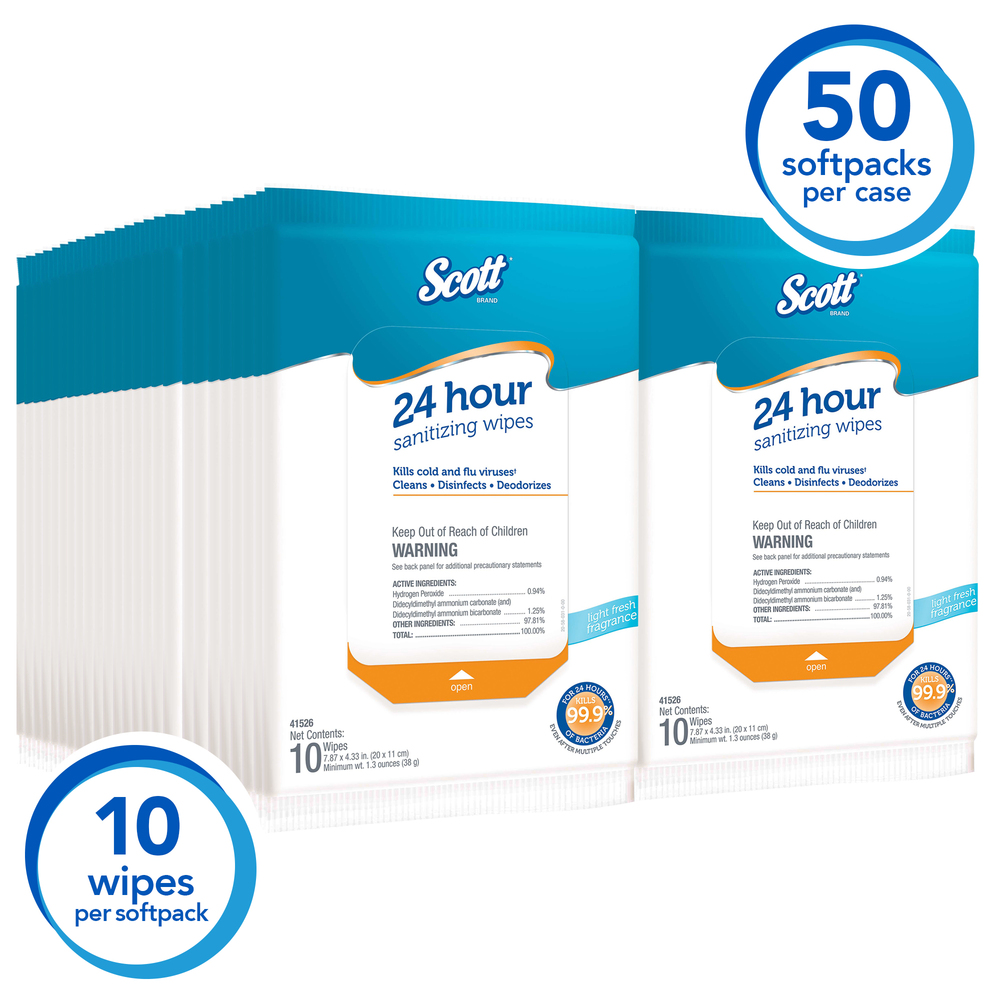 Scott® 24 Hour Sanitizing Wipes (41526), Softpack, White, 10 Wipes/Softpack, 50 Softpacks/Case, 500 Wipes/Case - 41526