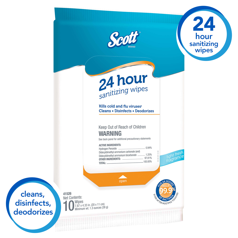 Scott® 24 Hour Sanitizing Wipes (41526), Softpack, White, 10 Wipes/Softpack, 50 Softpacks/Case, 500 Wipes/Case - 41526