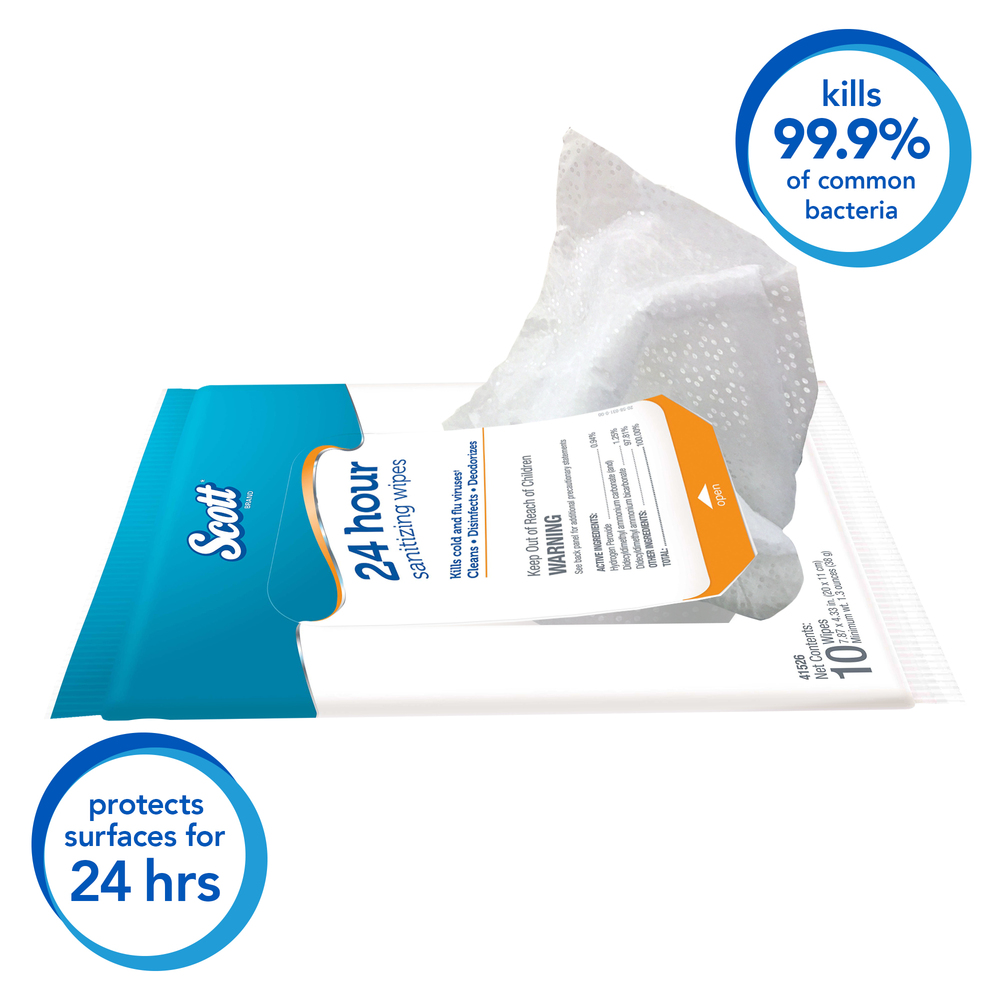 Scott® 24 Hour Sanitizing Wipes (41526), Softpack, White, 10 Wipes/Softpack, 50 Softpacks/Case, 500 Wipes/Case - 41526
