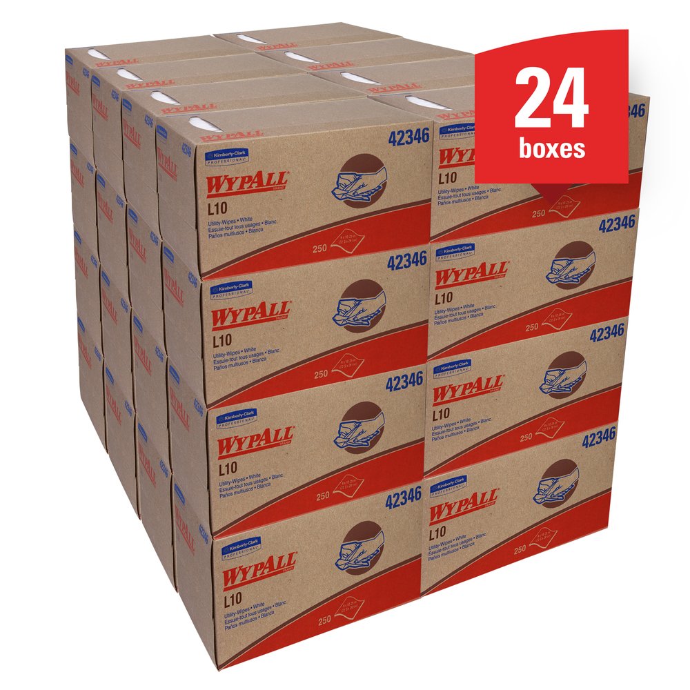 WypAll® L10 Disposable Towels (42346), Limited Use / Lightweight, 1-PLY, Pop-Up Box, White, 24 Boxes / Case, 250 Wipes / Box - 42346