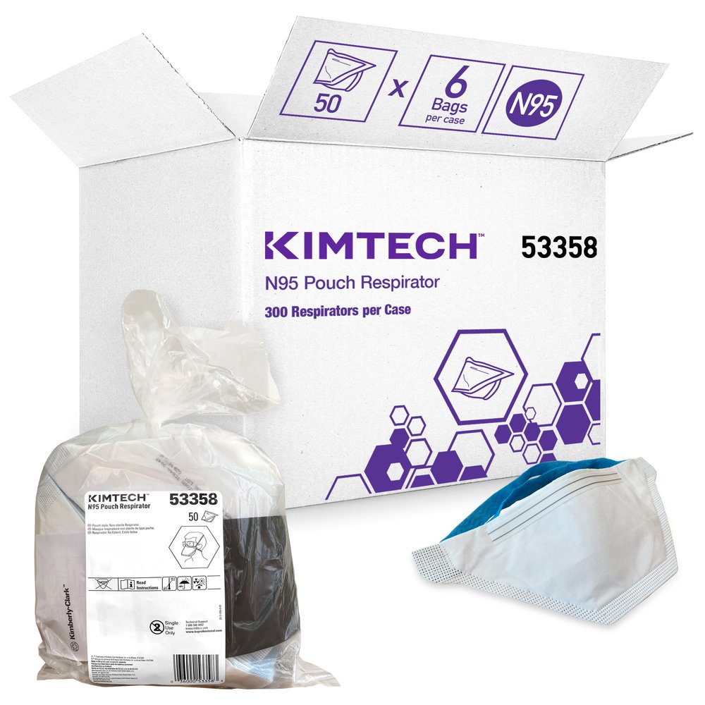 Kimtech™ N95 Pouch Respirator (53358), NIOSH-Approved, Made in the USA, Regular Size, 50 Respirators/Bag, 6 Bags/Case, 300 Respirators/Case