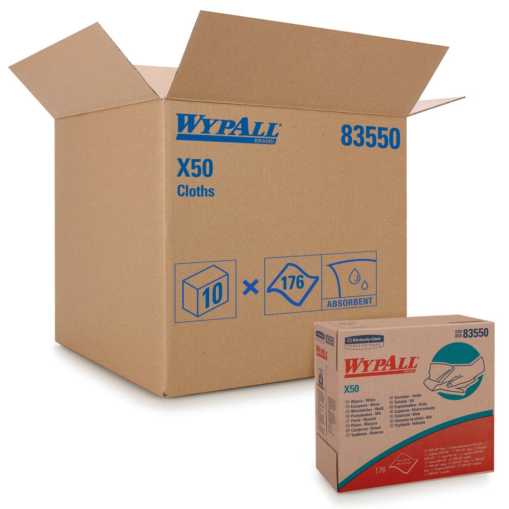 WypAll® X50 Extended Use Disposable Cloths (83550), Pop-Up Box, White, 10 Boxes / Case, 176 Sheets / Box, 1,760 Sheets / Case