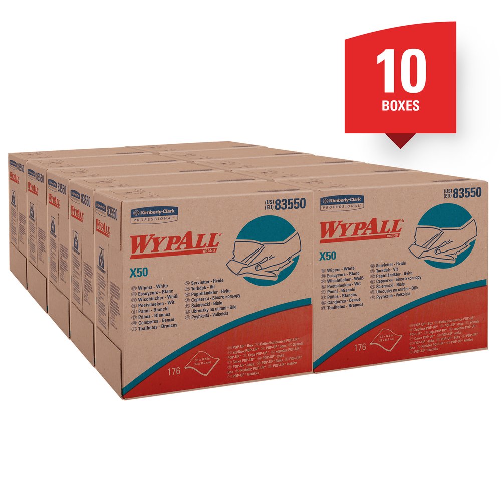 WypAll® X50 Extended Use Disposable Cloths (83550), Pop-Up Box, White, 10 Boxes / Case, 176 Sheets / Box, 1,760 Sheets / Case - 83550