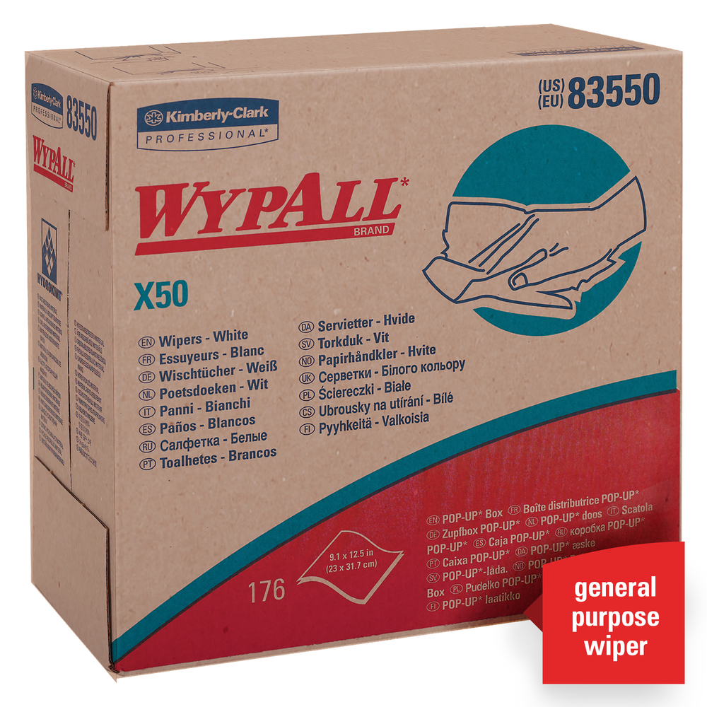 WypAll® X50 Extended Use Disposable Cloths (83550), Pop-Up Box, White, 10 Boxes / Case, 176 Sheets / Box, 1,760 Sheets / Case - 83550