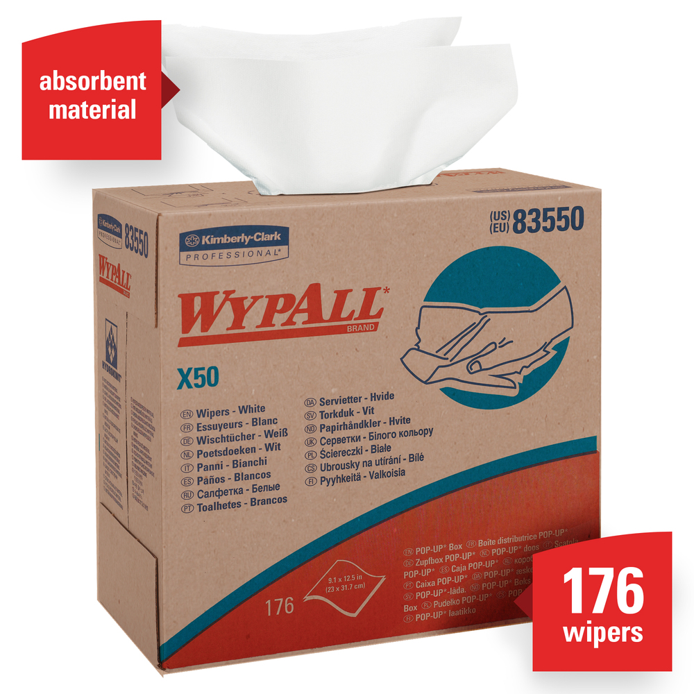 WypAll® X50 Extended Use Disposable Cloths (83550), Pop-Up Box, White, 10 Boxes / Case, 176 Sheets / Box, 1,760 Sheets / Case - 83550