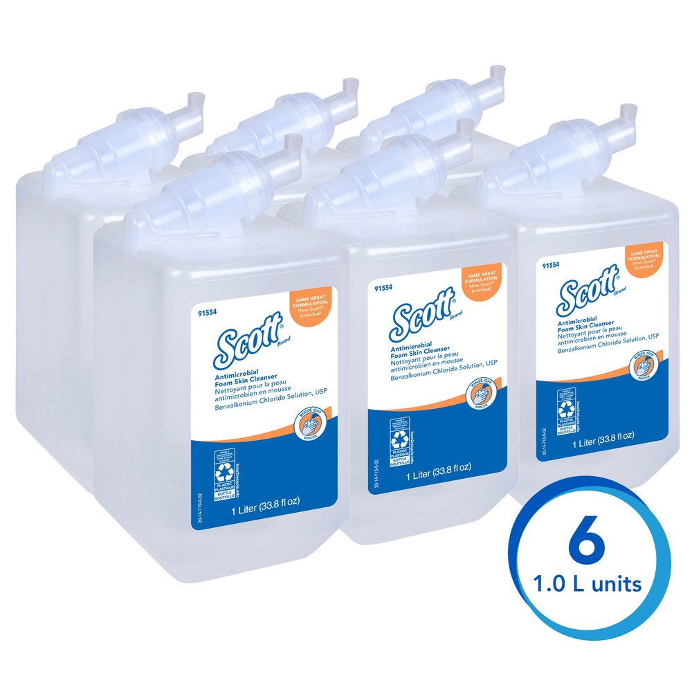 Scott® Control Antimicrobial Foam Skin Cleanser, 0.1% Benzalkonium Chloride (91554), Clear, Unscented Soap, 1.0 L, 6 Packages / Case - 91554