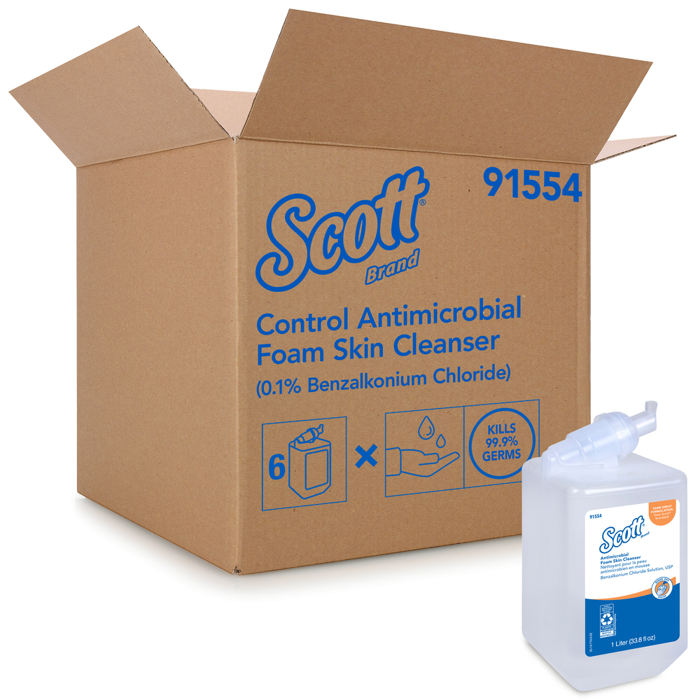 Scott® Control Antimicrobial Foam Skin Cleanser, 0.1% Benzalkonium Chloride (91554), Clear, Unscented Soap, 1.0 L, 6 Packages / Case