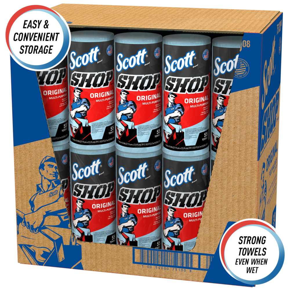 Scott® Shop Towels Original (75130), Blue Shop Towels, 1 Roll/Pack, 30 Packs/Case - 75130