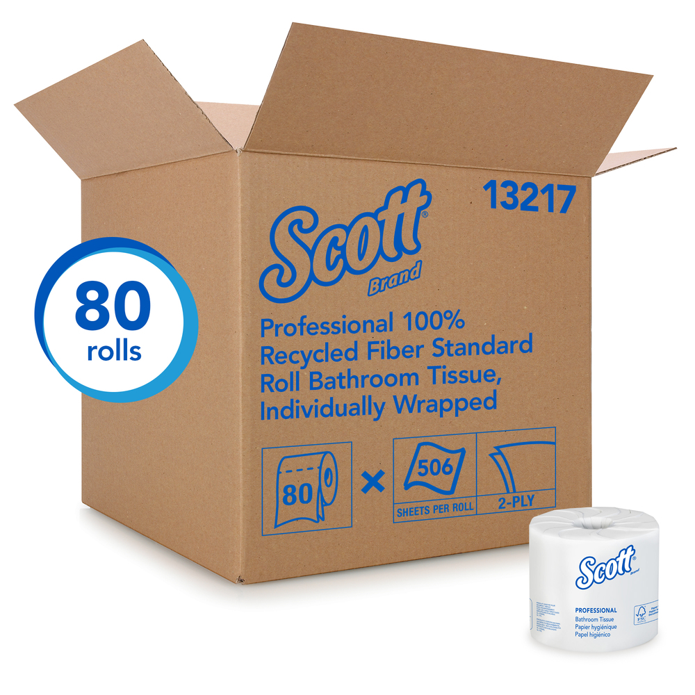 Scott® Essential Professional 100% Recycled Fiber Standard Roll Bathroom Tissue (13217), 2-Ply, White, 80 Rolls / Case, 506 Sheets / Roll, 40,480 Sheets / Case