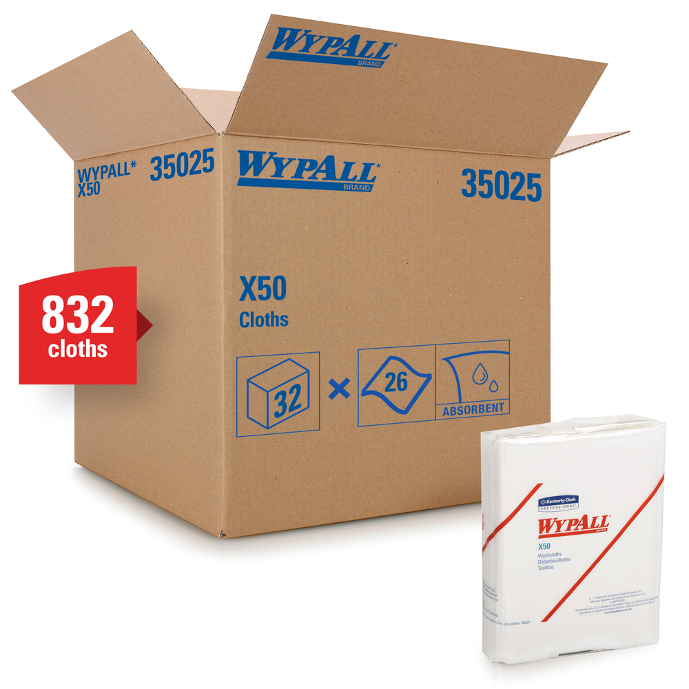 WypAll® X50 Disposable Cloths (35025), Strong for Extended Use, Quarterfold, White, 32 Packs / Case, 26 Sheets / Pack, 832 Sheets / Case - 35025